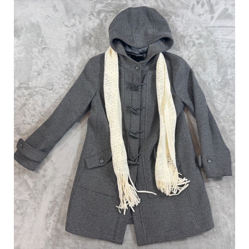 Talbots Petites Wool Blend Coat Womens 14P Gray Duffle Toggle Hooded Long Jacket